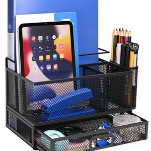 Black Mesh Multi-Compartment Desk Organizer - Home Office Stationery